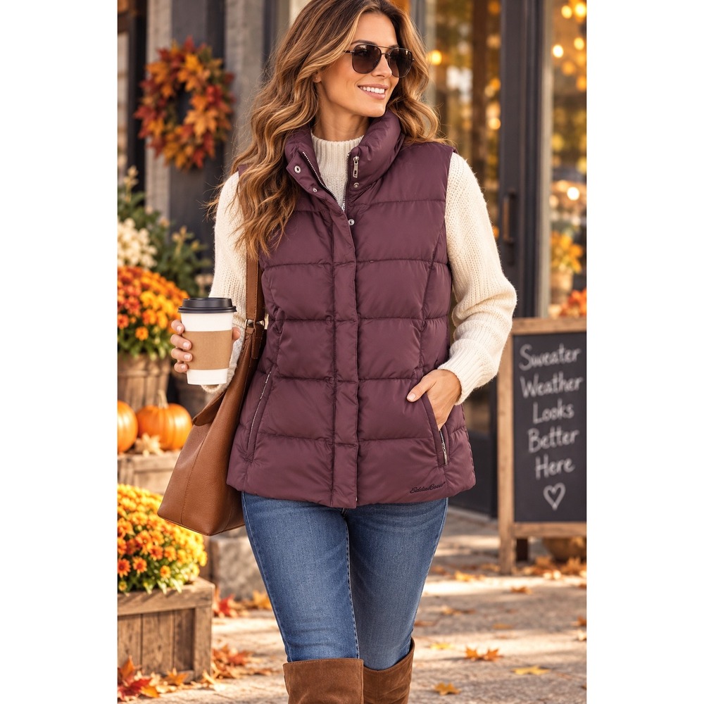Eddie Bauer Women XL Plum Purple Goose Down Puffer Vest Quilted Zip Outdoor